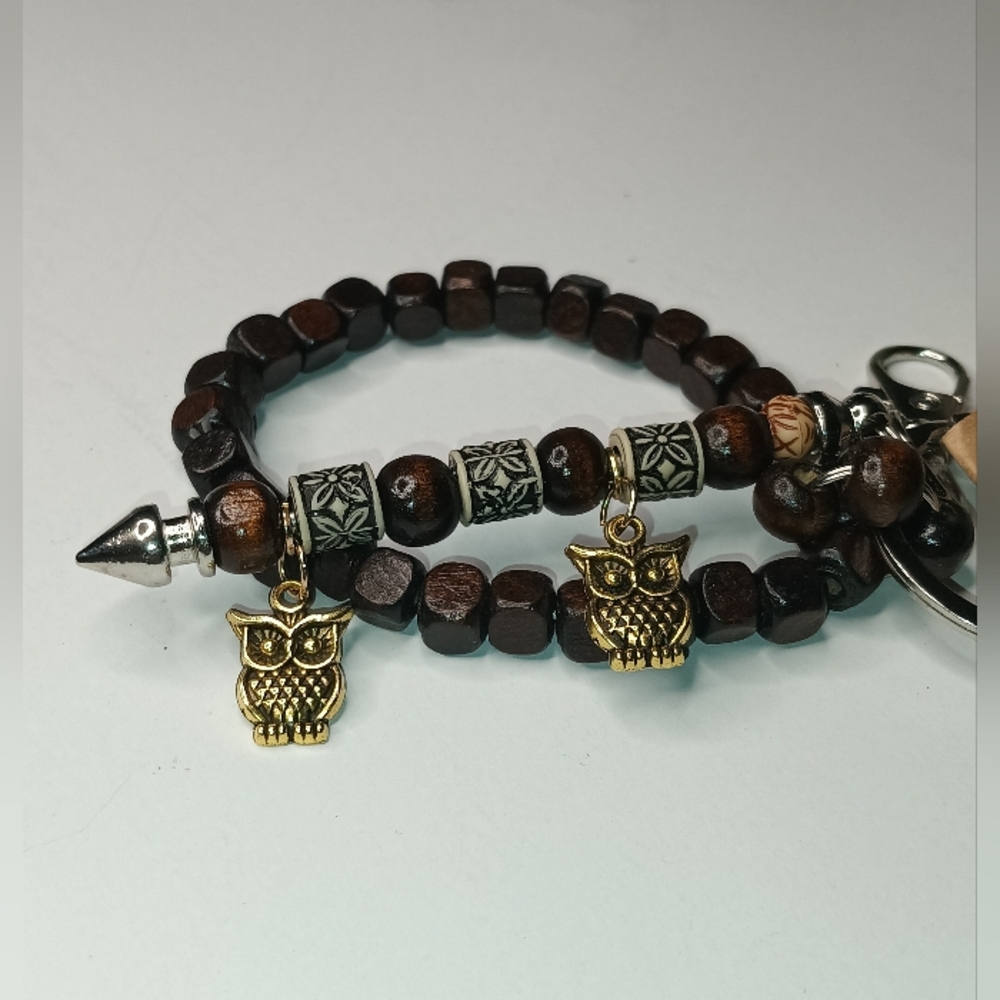 Wooden Beaded bag charm / keychain With Owl Charms